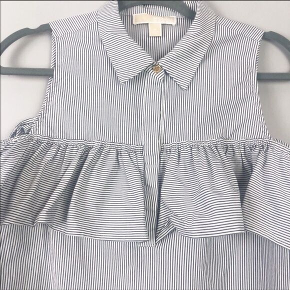 MICHAEL KORS | Pinstripe Cold Shoulder Ruffle Top Women’s Size Medium - Picture 4 of 8